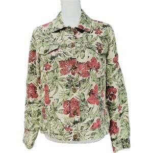 Charter Club Holiday Floral Linen Button Up Trucker Jacket Women M Red Green